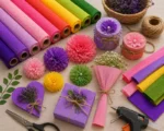 مجموعهای از رولهای کاغذ کشی رنگی در رنگهای متنوع مناسب برای کاردستی، گلسازی، بستهبندی هدیه و تزئین بطری و جار شیشهای