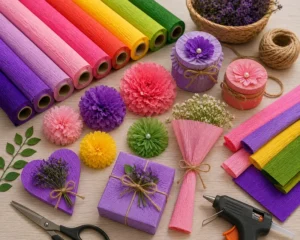 مجموعهای از رولهای کاغذ کشی رنگی در رنگهای متنوع مناسب برای کاردستی، گلسازی، بستهبندی هدیه و تزئین بطری و جار شیشهای