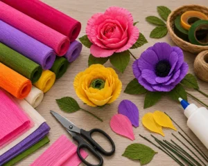 گلهای دستساز ساخته شده با کاغذ کشی رنگی به همراه رولهای کاغذ کشی و ابزار گلسازی روی میز کار