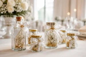 گیفت شیشه ای عروس روی میز مراسم با تزئین لوکس