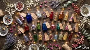 چیدمان بطری های شیشه ای فانتزی کوچک رنگی با تزئینات گل خشک برای هدیه و دکور
