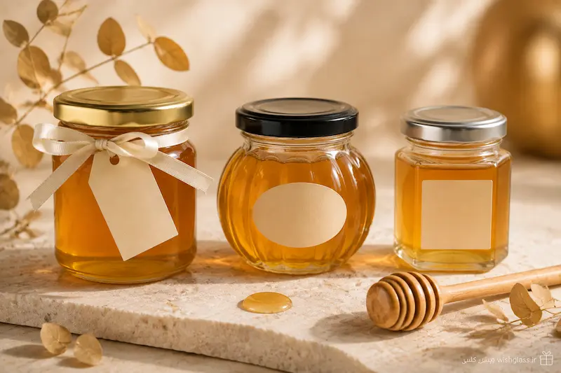 چند مدل شیشه گیفت عسل کوچک با درب فلزی و برچسب اختصاصی برای مراسم