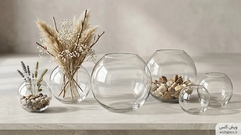 مجموعه تنگ شیشه ای گرد کوچک و بزرگ برای دکوراسیون و فروشگاه