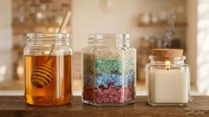 کاربردهای متنوع جار شیشه ای عمده: عسل، نمک حمام و شمع دستساز