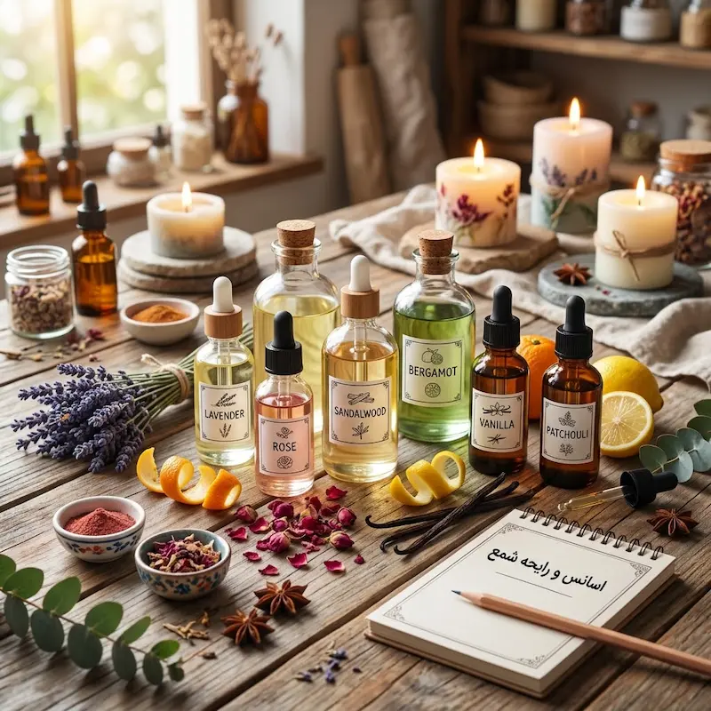 بطری‌های شیشه‌ای اسانس و روغن‌های معطر شمع‌سازی مانند اسطوخودوس، صندل و وانیل روی میز چوبی همراه با عناصر طبیعی